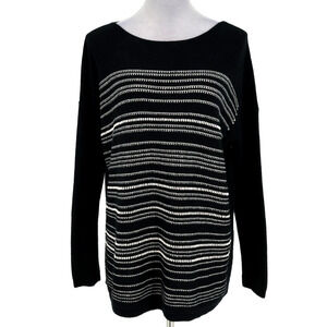 J Jill Sweater Petites PM MP Black White Stripe Cotton Wool Blend Tunic Pullover